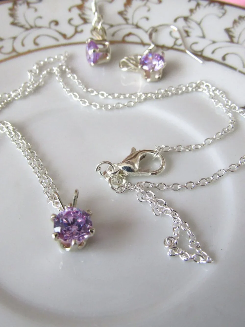 Amethyst 5mm Round Faceted Silverplate Necklace & Matching Amethyst Earrings Set